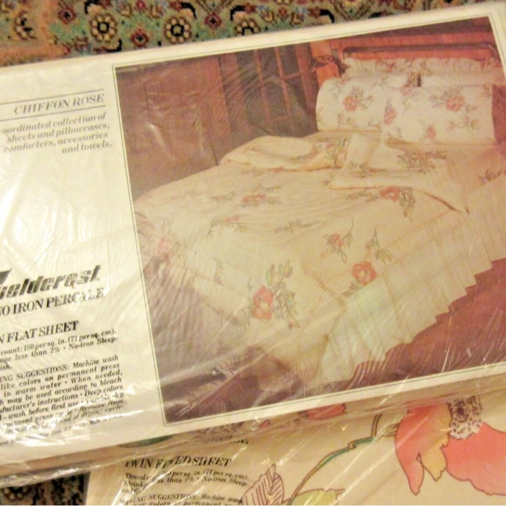 Vintage Fieldcrest Chiffon Rose Bedding Set - Cream and Pink Floral New